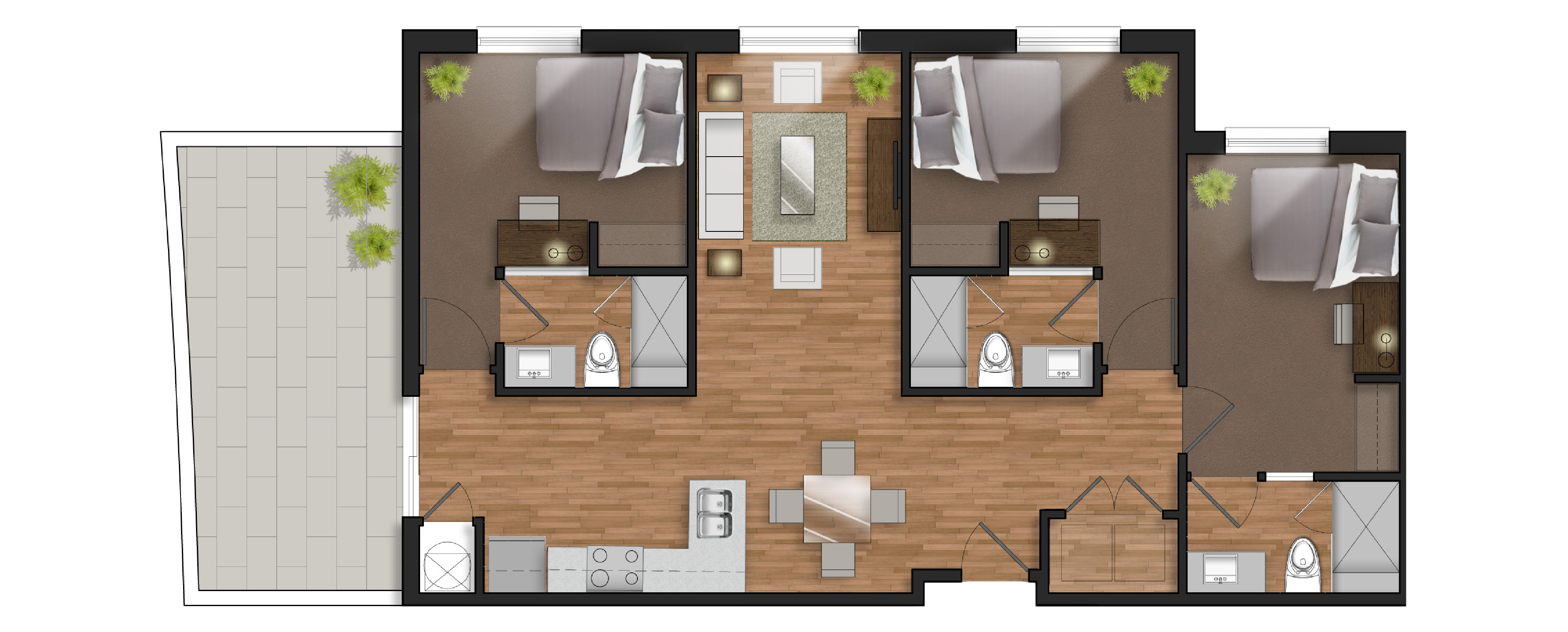 3 bedroom student apartment floor plan