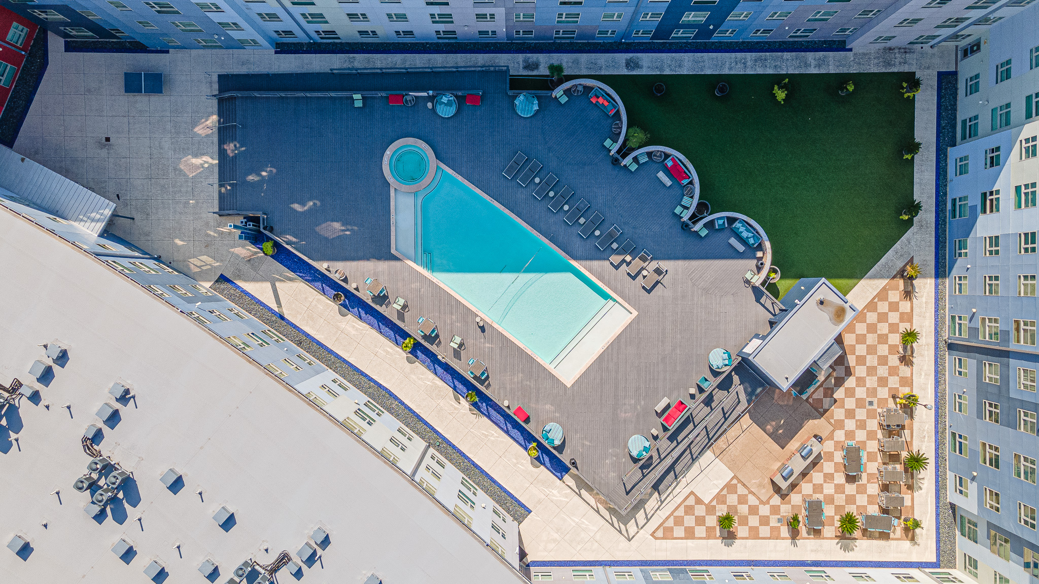 student apartment pool and patio