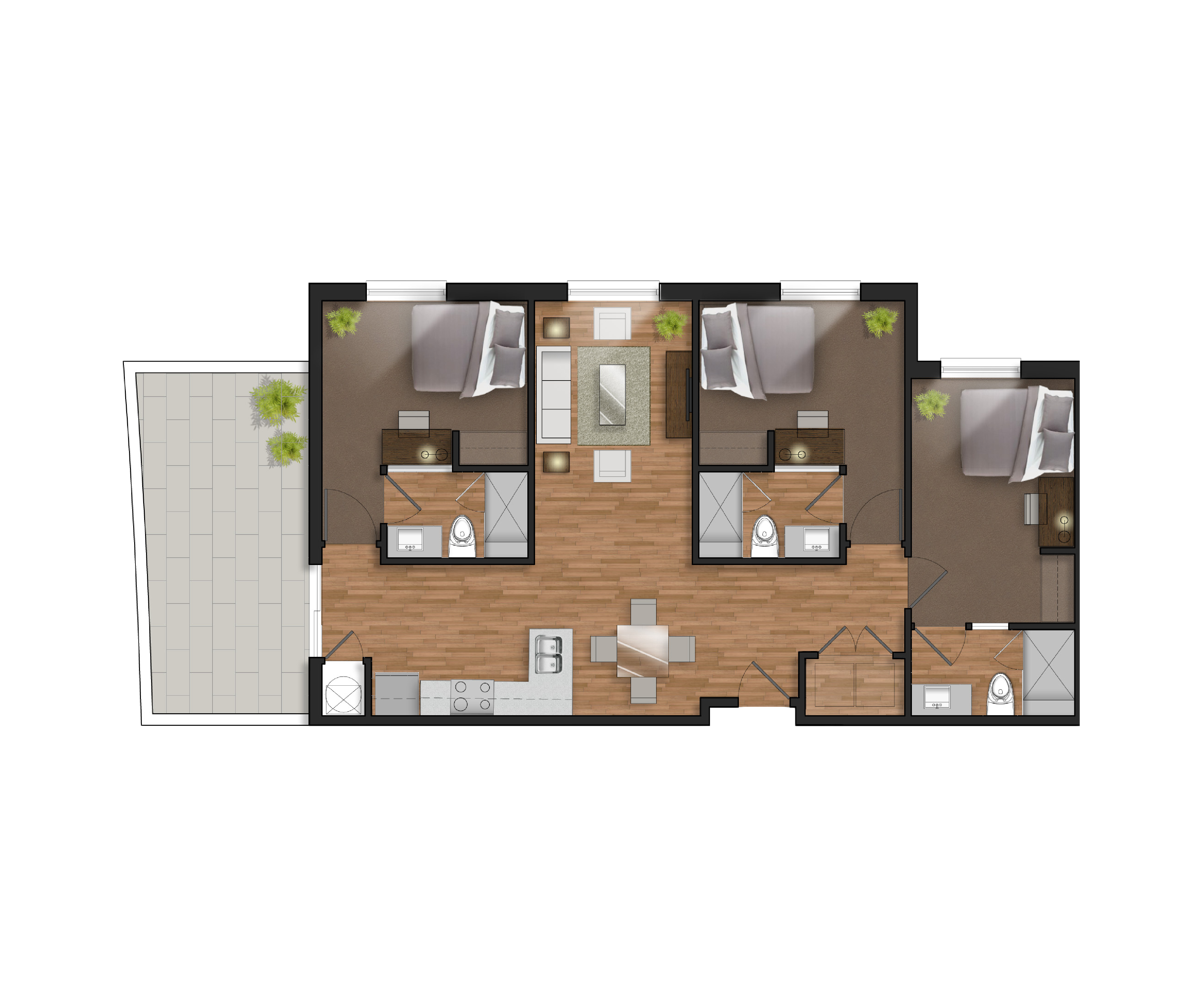 3 bedroom student apartment layout